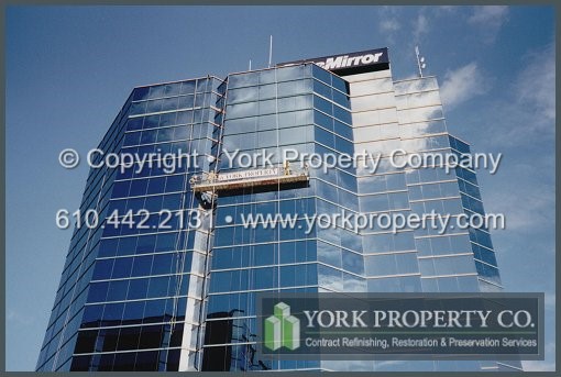 Faded painted aluminum curtain wall mullion cleaning, refinishing and restoration.